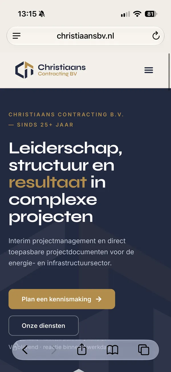 Mobiele weergave van de website van Christiaans Contracting