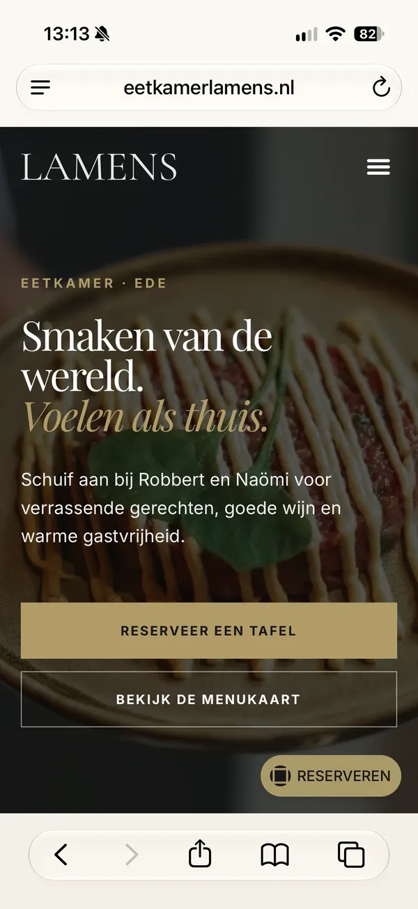 Mobiele weergave van de website van Eetkamer Lamens