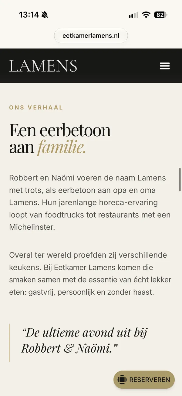 Mobiele weergave van de website van Eetkamer Lamens