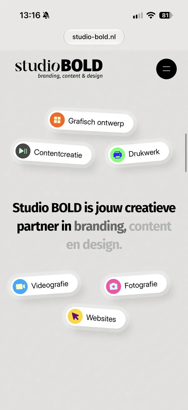 Mobiele weergave van de website van Studio BOLD